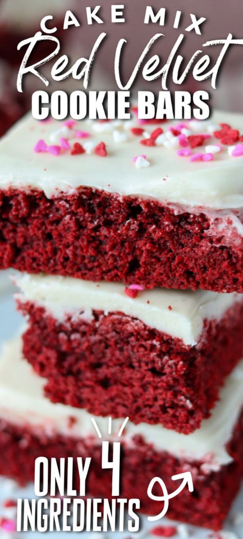 Red Velvet Cake Mix Recipes, Red Velvet Cookie Bars, Scoop Cookies, Homemade Cookie Bars, Red Velvet Brownies Recipe, Easy Red Velvet Cake, Red Velvet Cake Mix Cookies, Homemade Cream Cheese Frosting, Cake Mix Bars