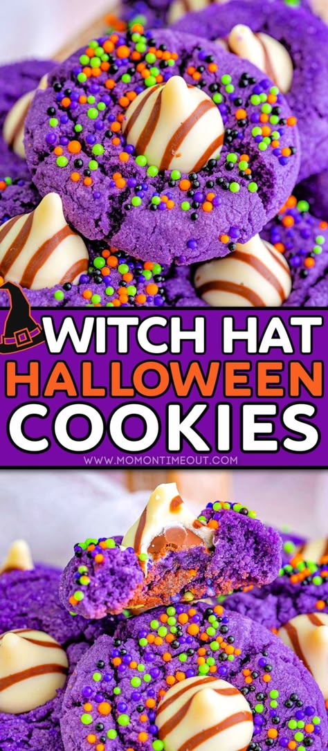 Witch Hat Halloween Cookies are a festive and tasty addition to your Halloween festivities! A fun Halloween twist on my Peanut Butter Blossoms, these peanut butter cookies are rolled in sugar or sprinkles, baked and topped with a hug or a kiss! // Mom On Timeout Witch Hat Cookies, Halloween Deserts, Halloween Cookie Recipes, Mom On Timeout, Fun Halloween Treats, Halloween Food Desserts, Witch Hat Halloween, Easy Halloween Food, Halloween Food Treats