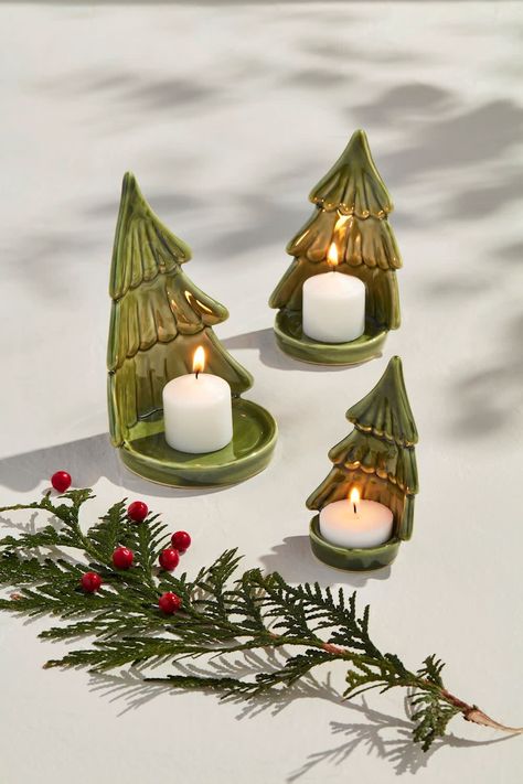 Set of three hand-painted stoneware tree votives with tea light plates. Tea lights not included. Tea Light Pottery, Christmas Tea Lights, Christmas Tea Lights Crafts, Christmas Clay Decor, Christmas Decor Clay, Holiday Pottery Ideas, Diy Clay Christmas Decorations, Christmas Ceramic Ideas, Christmas Diy Clay