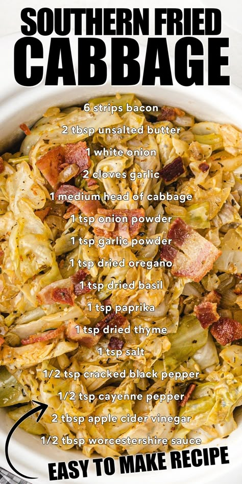 This Southern-fried cabbage recipe is a simple, savory, and smoky side dish that tastes great, takes no time to make, and is full of flavor! Cabbage Black People, Stewed Cabbage Southern, Sauteed Cabbage And Sausage, Sautéed Cabbage Recipe, Fish Fry Sides, Fried Cabbage Recipe, Cooked Cabbage Recipes, Sautéed Cabbage, Cabbage Recipes Southern