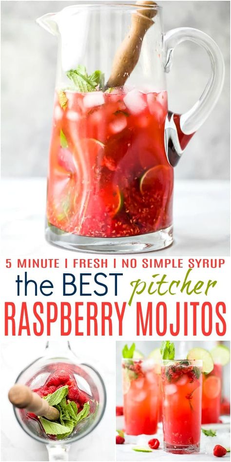 The BEST Fresh Raspberry Mojito Recipe - made with agave, fresh lime, mint and raspberries. These mojitos are my summer go-to and can easily be made into a mocktail! Minty refreshing mojitos with a touch of fresh raspberry make the perfect party cocktail. #cocktails #cocktailrecipe #mojitos #summerrecipes #july4th Make Ahead Mojito Recipe, Raspberry Mint Mojito, Alcoholic Drinks Not Sweet, Big Batch Mojito Recipe, Raspberry Mojito Recipe, Mojito Recipe Pitcher, Mojito Pitcher, Mojito Drink, Pitcher Drinks