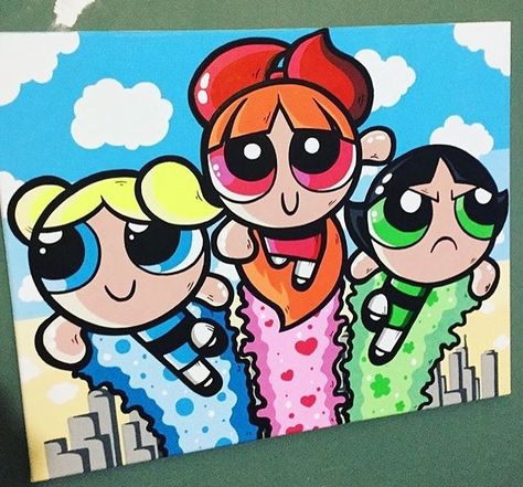 Graphic Marker Art, Powerpuff Painting, Powerpuff Girls Painting, 90s Painting Ideas, Pink Canvas Art, Easy Disney Drawings, Color Drawing Art, Posca Art, Disney Art Drawings