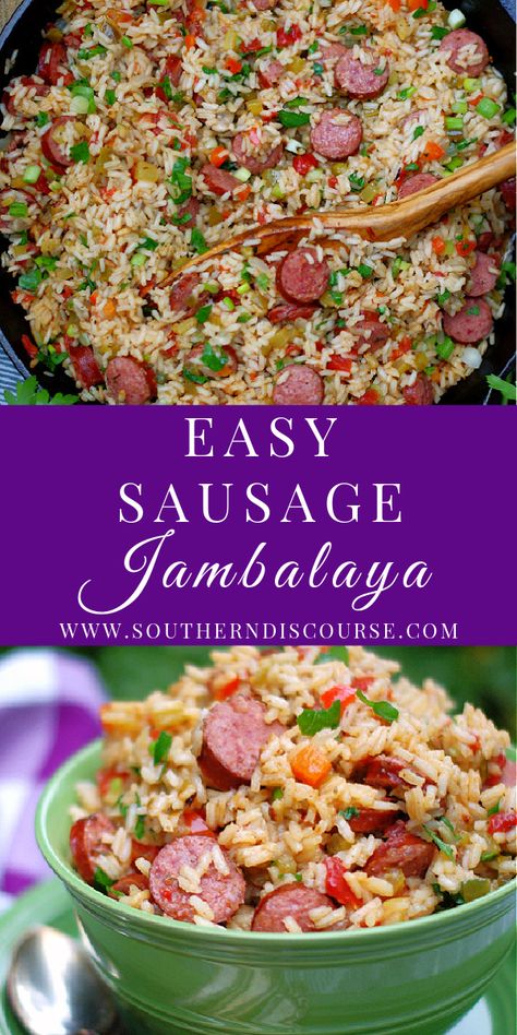 Easy Louisiana Sausage Jambalaya - a southern discourse Jumbolia Recipes, Savoury Rice Recipe, Creole Rice, Jambalaya Recipes, Sausage Jambalaya Recipe, Jambalaya Rice, Southern Discourse, Meat Ideas, Jambalaya Recipe Easy