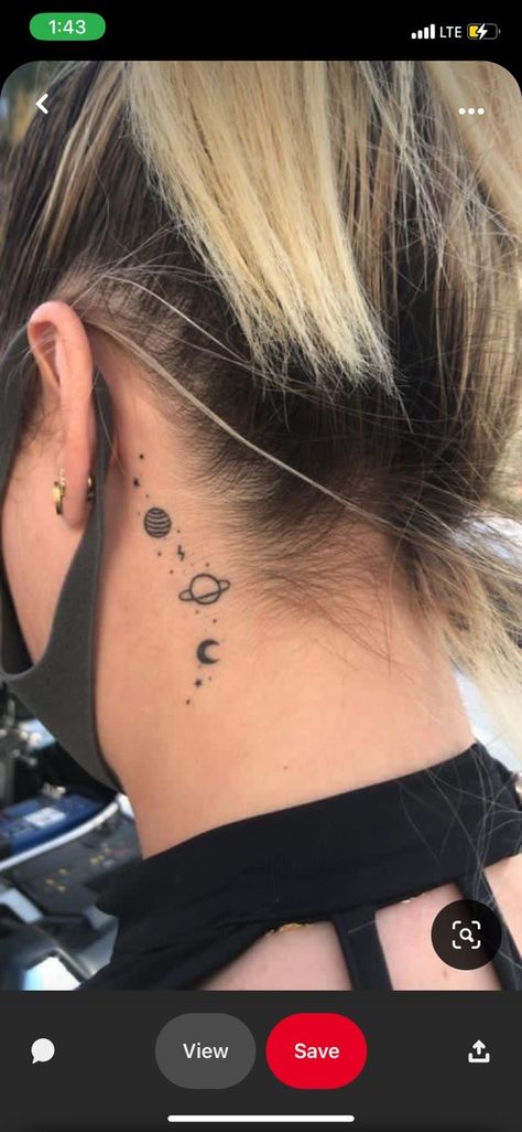 Galaxy Ear Tattoo, Planets Behind Ear Tattoo, Space Tattoo Behind Ear, Space Ear Tattoo, Star Tattoos Behind Ear, Small White Tattoos, Back Ear Tattoo, Witch Tattoos, Partner Tattoos