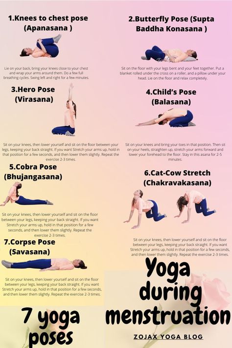 Yoga during menstruation: 7 yoga poses Stretches To Do On Your Period, Yoga On Period Exercise, Yoga During Period Menstrual Cycle, Yoga For Period Menstrual Cycle, Period Relief Yoga, Exercises During Menstruation, Period Cramps Workout, Streches For Period Pains, Yoga Poses During Periods