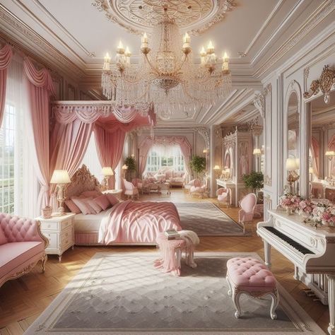 Pink Mansion Bedroom, Princess Room Royal, Vintage Feminine Bedroom, Pink Mansion, Princess Bedrooms, Mansion Bedroom, Royal Bedroom, Fancy Bedroom, Castle Bedroom