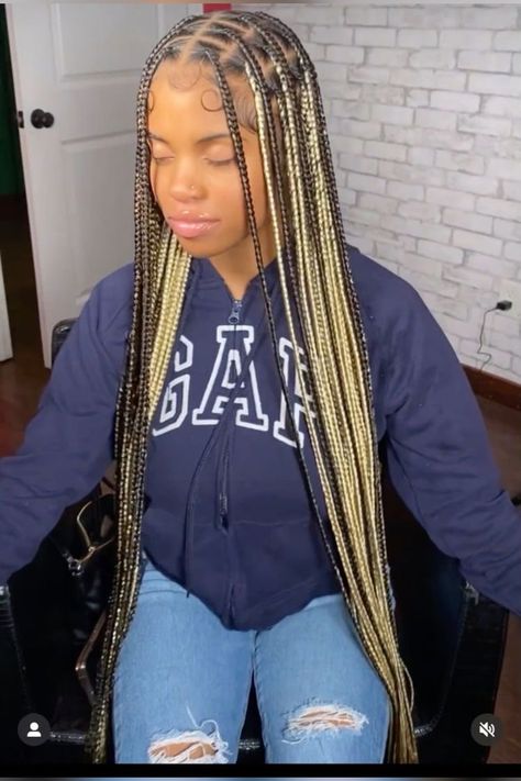 Blond And Black Mixed Braids, Knotless With Blonde And Black, Light Knotless Braids, Knotless Braids With Color Blonde, Cute Knotless Braids With Color, Box Braids With Color In The Back, Knotless Braids With Blonde Highlights, Flat Box Braids, Peekaboo Box Braids Blonde