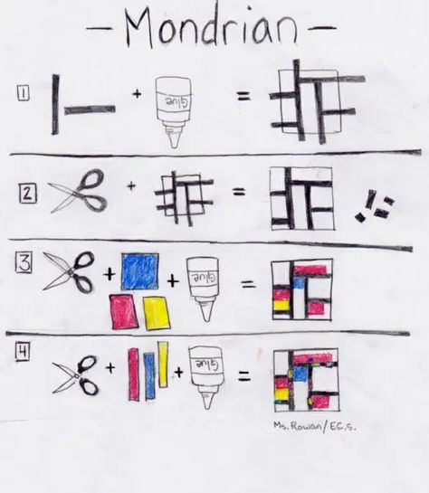 Mondrian Lesson for Elementary Schoolers – The Art Teacher Mondrian Art Projects, Art Handouts, Mondrian Art, 2nd Grade Art, Art Worksheets, Soyut Sanat Tabloları, Elementary Art Projects, Homeschool Art, Kindergarten Art