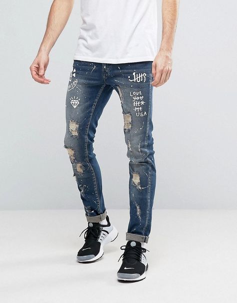 Reason Extreme Distressed Slim Jeans With Paint Splat And Skull Stencil Jeans With Paint, Teen Pants, Skull Stencil, Fits Streetwear, Asos Jeans, Men Jeans Pants, G Star Raw Jeans, Hot Jeans, Patched Jeans