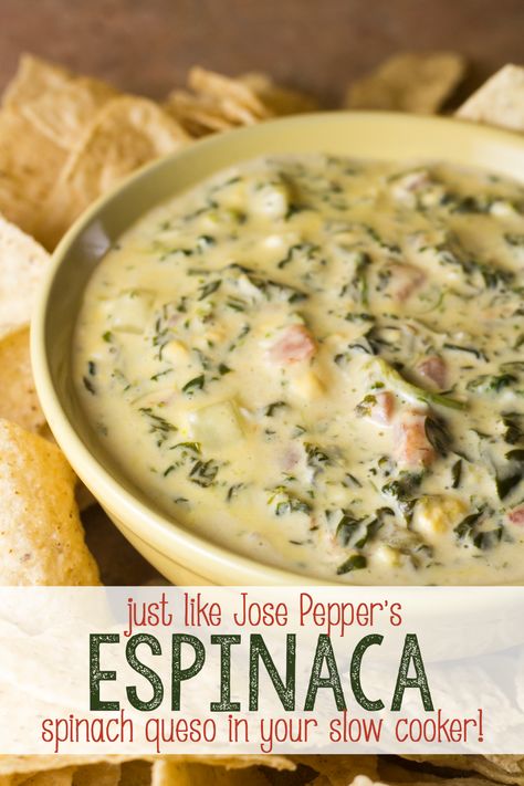 Jose Peppers Salsa Recipe, Espinaca Dip, Spinach Queso, Slow Cooker Dips, Dip Recipes Appetizers, Mayo Recipe, Queso Recipe, Tailgating Recipes, The Dip