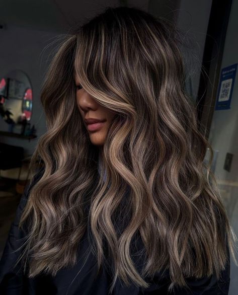 Black Hair with Ashy Balayage Highlights Black Hair To Light, Full Balayage On Dark Hair, Ash Blonde Full Head Highlights, Champagne Balayage On Dark Hair, Fall Hair Money Piece, Trendy Highlights For Black Hair, Lowlights On Dark Hair, Balayage Hair For Black Hair, Blonde Ash Hair