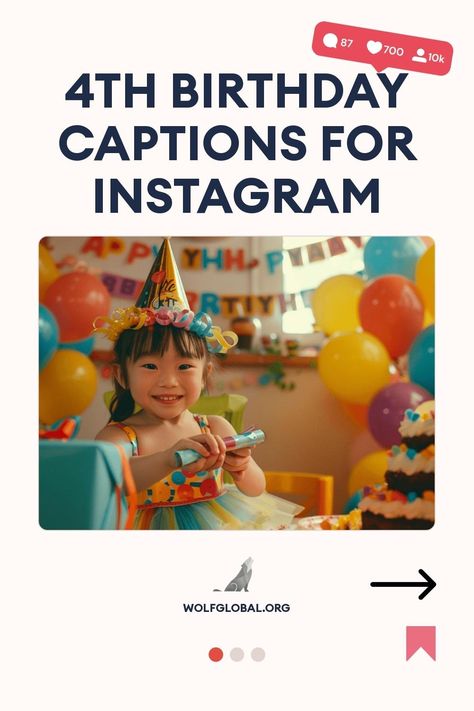 A smiling child wearing a party hat surrounded by colorful balloons at a birthday party.
Graphic with cheerful statements celebrating a four-year-old's birthday milestones and a call to action button.
A smiling woman with a laptop surrounded by social media icons advertises an Instagram engagement pod. 25th Birthday Captions Instagram, Birthday Instagram Captions, Birthday Captions For Myself, 21st Birthday Captions, Birthday Cap, Birthday Instagram, Birthday Captions Instagram, Perfect Captions, 29th Birthday