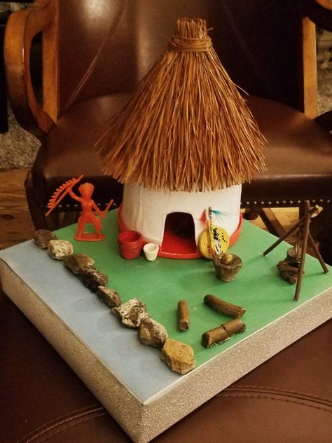 Depiction of S E Woodlands Native American home life. Wattle and Daub hut made from a plastic container, construction paper cone covered with pinestraw. Logs and grinder from clay, spears from toothpicks and round wooden disk painted shield. Wattle And Daub House School Project, Native American Diorama, Native American Homes, Painted Shield, Easy Kids Art Projects, Nims Island, Container Construction, Native American Home, Wattle And Daub