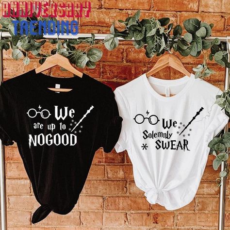 Custom Couples T-Shirt We Solemnly Swear That Are Up To No Good Shirt Personalized Wizard Hoodie Sweatshirt Check more at https://anniversarytrending.com/product/custom-couples-t-shirt-we-solemnly-swear-that-are-up-to-no-good-shirt-personalized-wizard-hoodie-sweatshirt/ Harry Potter Shirts For Universal, Harry Potter Couples Shirts, Harry Potter Shirt Design, Matching Harry Potter Shirts, Hufflepuff Shirt, Harry Potter Bachelorette Party, Couple T Shirt Design, Universal Studios Outfit, Mom And Me Shirts