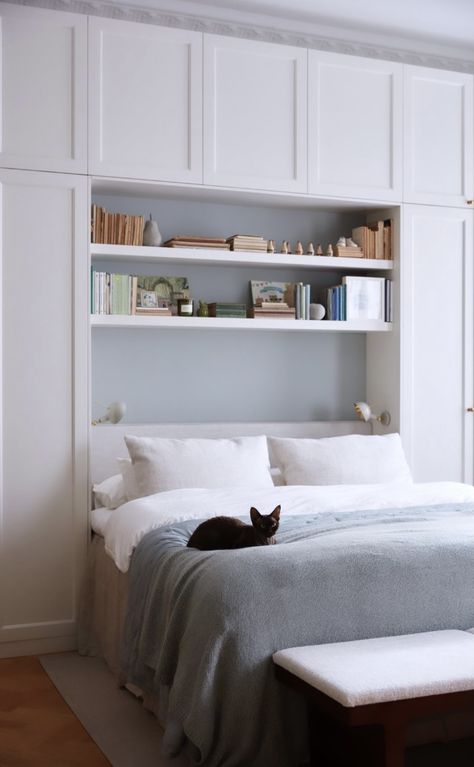 Around The Bed Shelving, Bedroom Closet Above Bed, Bedroom Storage Above Bed, Bed Integrated Wardrobe, Ikea Wardrobe Over Bed, Bedroom Above Bed Storage, Bedroom With Overhead Storage, Tiny Bedroom Wardrobe, Wardrobes Next To Bed