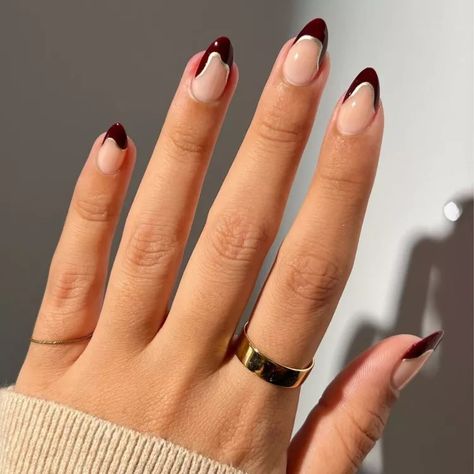 13 Autumnal Almond Nail Ideas to Try This October Burgundy And Gold Nails Acrylic, Burgundy Tip Nails, Burgundy French Nails, Burgundy Nails Design, Reverse French Tip, Burgundy French Tip, Bow Nails, November Nails, Acrylic Press On Nails