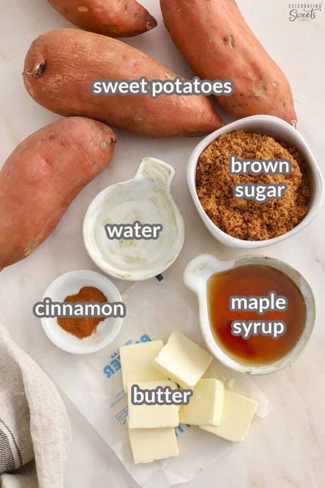 These incredible Candied Sweet Potatoes are soft and tender and smothered in a buttery maple-brown sugar sauce. Candied Sweet Potatoes With Maple Syrup, Maple Brown Sugar Sweet Potatoes, Sweet Potato Recipes With Maple Syrup, Sweet Potato Maple Syrup, Sweet Potato Brown Sugar Recipes, Sweet Potato Glaze, Candies Sweet Potatoes, Sweet Potato Recipes Brown Sugar, Sweet Potatoes With Maple Syrup