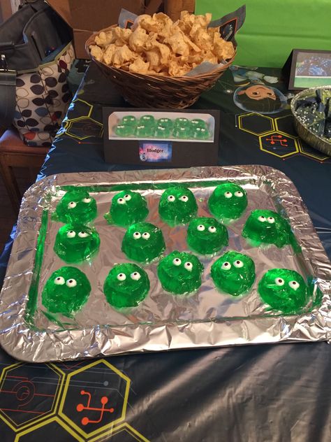 Green jello made in coated paper dessert cups and candy eyes. Green Jello, Jello Cups, Dessert Cups, Candy, Projects To Try, Birthday Party, Halloween, Green, Birthday