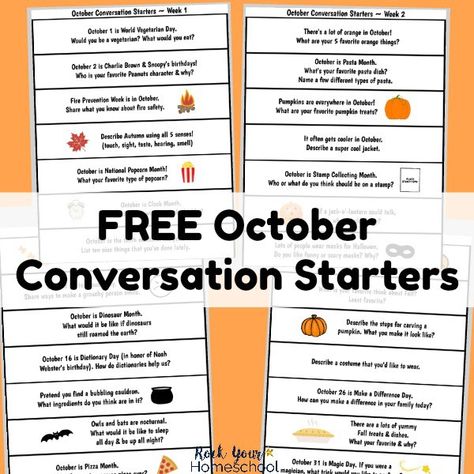 Have easy & fun chats with your kids this Fall with these free October conversation starters. Conversation Starters For Students, Fall Conversation Starters, Halloween Conversation Starters, Conversation Starters For Middle School, Holiday Questions Conversation Starters, Fall Morning Meeting Activities, Kindergarten Conversation Starters, World Vegetarian Day, Conversation Prompts