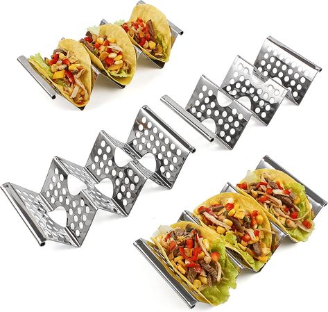 4 Pack Stainless Steel Taco Holders, Premium Taco Stands, Holds 2 Or 3 Tacos Each Taco Tray, Taco Rack With Easy-Access Handle, Food Grade Taco Plate Shells Oven & Grill Safe, BPA Free(Hollow) #ad Tortilla Grill, Taco Tray, Pane Pita, Salat Wraps, Taco Holder, Tacos Mexicanos, Taco Holders, Pain Pita, Tortilla Shells