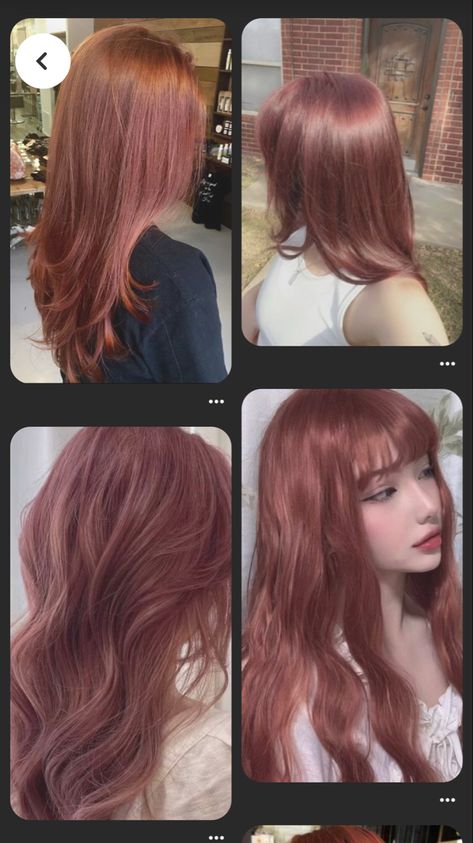 Mauve Red Hair, Cool Auburn Hair Color, Strawberry Chocolate Hair, Rose Milk Tea Hair Color, Red Long Hair With Bangs, Rose Milk Tea Hair, Hachi Hair Color, Hair Color Ideas Without Bleaching, Dusty Red Hair