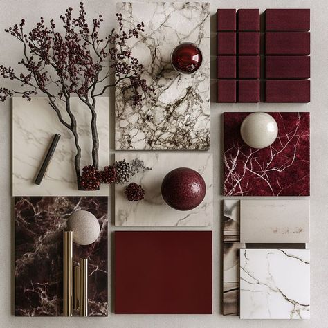 moodboard, material boards, warm tones, winter cosy vibe. Organic Mood Board, Finish Palette, Moodboard Red, Red Interior Design, Burgundy Colour Palette, Cream Bedroom, Organic Interior, Cream Bedrooms, Materials Board Interior Design