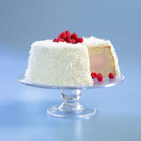 Raspberry Coconut Cloud Cake | Cook's Country Easy Raspberry Mousse, Coconut Cloud, Angel Food Cake Desserts, Mousse Filling, Cooks Country, Hot Cross Bun, Cloud Cake, Raspberry Mousse, Raspberry Coconut