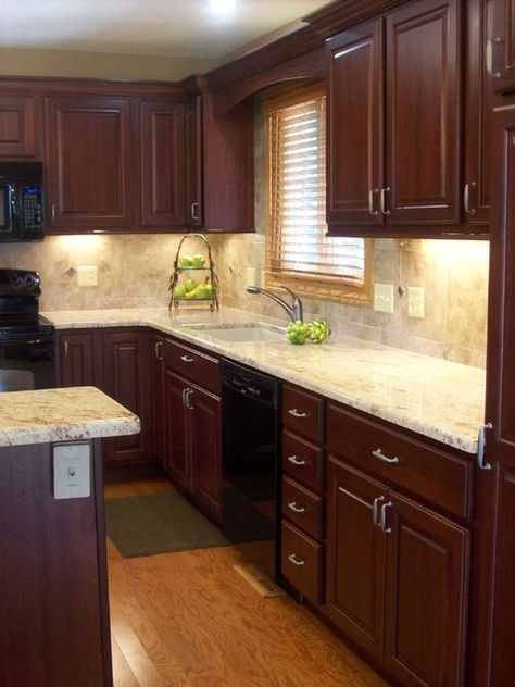 Cherry Stained Kitchen Cabinets, Kitchen Island Wall Ideas, Kitchens With Cherry Cabinets, Cherry Wood Kitchen Cabinets, Light Countertops, Cherry Wood Kitchens, Stained Cabinets, Cherry Wood Cabinets, Classy Kitchen