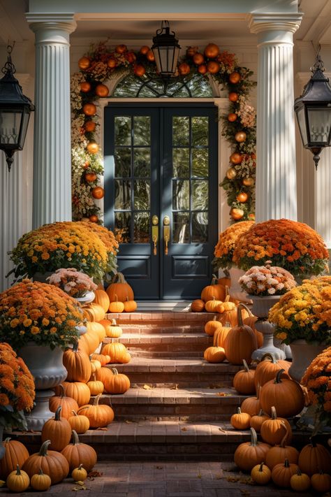 20 Over-the-Top Fall Front Door Inspirations for Autumn and Thanksgiving Fall Front Steps, Fall Displays, Fall Front Door Decor, Front Door Inspiration, Moon Time, Fall Wallpapers, Porch Pumpkins, Halloween Front Porch Decor, Fall Front Porch Decor