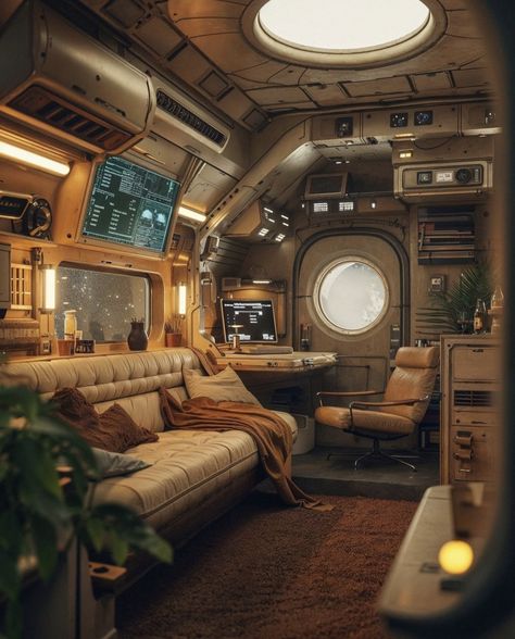 Space Shuttle Interior Concept, Scifi House Interior, Sci Fi Room Design, Spaceship Interior Aesthetic, Spaceship Room Design, Sci Fi Space Station Interior, Sci-fi Room, Star Wars Interior Design, Sci Fi Colony