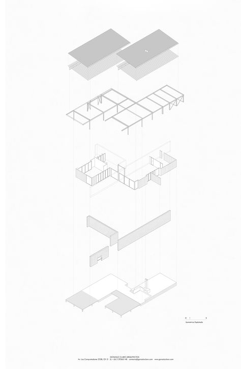 Image 11 of 18 from gallery of Tierras Blancas House / Gonzalo Claro. Exploded Isometric Exploded Isometric, Building Plan Drawing, Tectonic Architecture, Sectional Perspective, Structural Model, Axonometric Drawing, Urban Design Graphics, Structural Drawing, Isometric Drawing