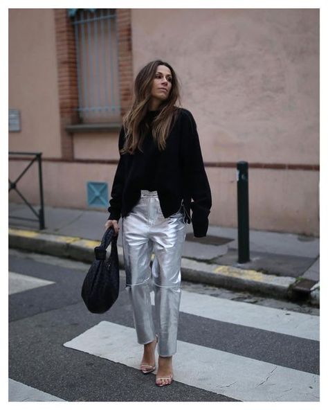 Silver Trousers Outfits Party, Silver Trousers Outfit Women, Silver Cargo Pants Outfit, Silver Leather Pants Outfit, Silver Metallic Pants Outfit, Silver Pants Outfit Night, Silver Trousers Outfits, Silver Jeans Outfit, Silver Skirt Outfit