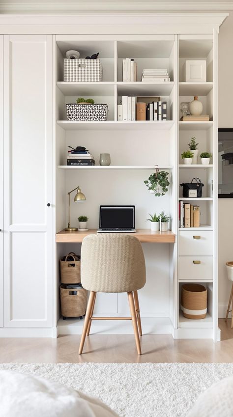 Tiny Office Space Ideas Small Office Wardrobe Ideas, Small Office Nook In Kitchen, Tiny Home Desk Ideas, Small Office With Storage, Hidden Home Office Ideas, Hidden Workstation, Tiny Closet Office, Tiny Desk Ideas, Hidden Office Space