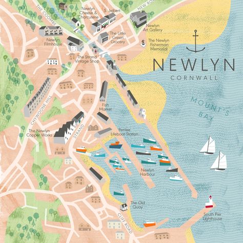 Map of a walk around Newlyn, taking in the cinema, art gallery, The Strand vintage shop, deli, green grocer and the Old Quay. Illustration by Matt Johnson for a Seasalt blog feature on Newlyn. Green Grocer, Cornwall Map, Village Map, Coastal Village, Copper Crafts, West Cornwall, Cinema Art, Rocky Shore, The Cinema