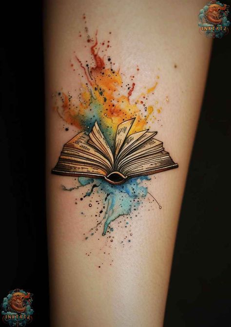 Colored Book Tattoo, Reading Book Tattoo Ideas, Book Watercolor Tattoo, Coffee Books Tattoo, Colorful Book Tattoos, Librarian Tattoo Ideas, Black And White Book Tattoo, Watercolor Book Tattoo, Book Tattoos For Women