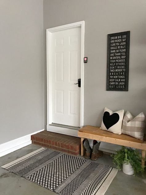 Garage Entryway Makeover - At Home With The Barkers Sw Mindful Gray, Painted Garage Walls, Garage Paint Colors, Mud Room Garage, Garage Paint, Garage Entryway, Garage Storage Inspiration, Entryway Makeover, Greige Paint Colors