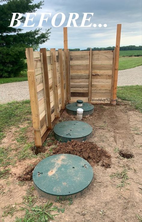 DIY Pallet Fence to Hide Septic Tank Covers Landscaping To Hide Septic Covers, Hide Septic Tank, Trellis Garden Ideas, Mound Garden, Virgin Mary Garden, Holiday Outdoor Decorations, Garden Shrine, Pallet Fence Diy, Septic Tank Covers