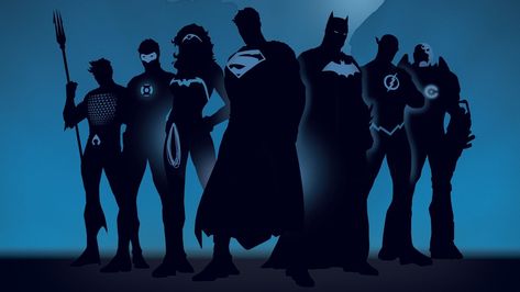 Justice League wallpaper, silhouette of Justice League wallpaper #minimalism #artwork #superhero #cartoon #Superman #Batman #Flash DC Comics #silhouette The Flash Wonder Woman Green Lantern #Aquaman blue background #1080P #wallpaper #hdwallpaper #desktop Superheroes Wallpaper, Superhero Silhouette, Justice League Characters, Batman Bruce Wayne, Justice League Aquaman, Flash Dc Comics, Flash Comics, Dc Comics Wallpaper, Gif Disney