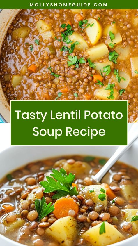 Warm up with a cozy bowl of hearty lentil potato soup. This comforting and nutritious soup is packed with protein, fiber, and flavor, making it the perfect dish for chilly days. Easy to make and oh-so-satisfying, this soup is sure to become a family favorite. Whether you're looking for a healthy meal prep option or simply craving something warm and delicious, this lentil potato soup is a must-try recipe. Lentil Potato Soup Crockpot, Lentil Soups And Stews, Vegan Lentil Potato Soup, Cabbage Lentil Soup Recipe, Ground Beef Lentil Soup Recipes, Lentil Minestrone Soup, Hearty Lentil Soup, Lentil Recipes Soup, Lentil Ham Soup