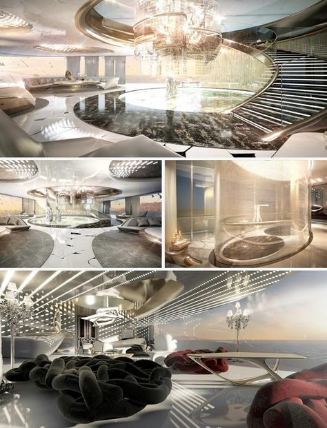 X-Force 145 by Admiral Yachts: The Dream of a Futuristic Floating Mansion. Futuristic Luxury Interior, Futuristic Yacht, Futuristic Lifestyle, Futuristic Mansion, Luxury Yacht Interior, Luxury Mansions Interior, Futuristic Building, Futuristic Furniture, Yacht Interior