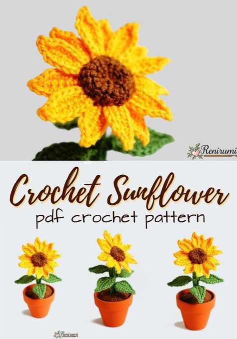 Crochet Sunflower Pattern, Potted Sunflowers, Sunflower Crafts, Crochet Flowers Easy, Crochet Flowers Free Pattern, Crochet Pillow Pattern, Pola Amigurumi, Crochet Plant, Crochet Sunflower