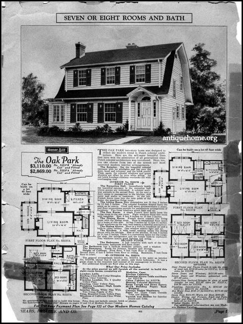 1926 Sears Modern Home - The Oak Park Sears House Plans, Sears House, Old House Floor Plans, Sears Catalog Homes, Sears Kit Homes, Small House Inspiration, Vintage Floor Plans, Dutch Colonial Homes, Colonial House Exteriors