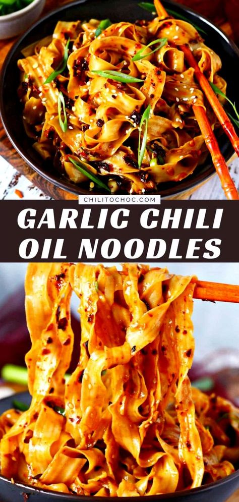 Whip up these Chili Oil Noodles in only 10 minutes! These spicy garlicky noodles take all your favorite flavours and combine them into one hot magical dish. Spicy Ginger Chili Noodles, Spicy Oil Noodles, Spicy Chili Crisp Noodles, Italian Drunken Noodles Recipe Easy, Chilli Crisp Noodles, Sweet Chilli Noodles, Sweet And Spicy Noodles, Rice Sticks Recipe Noodles, Chili Recipe With Noodles