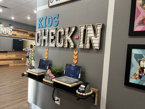 Kids Ministry Check In, Kids Check In Station Church, Kids Check In Church, Church Preschool Room Ideas, Church Information Wall, Church Nursery Organization, Kids Ministry Design, Youth Room Church, Childrens Ministry Room