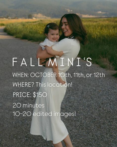 Fall Mini Session Special! 🍁 Capture the beauty of the season with Fall Mini Sessions. 💌Perfect for families, couples, or individuals, these 20-minute sessions are designed to give you stunning autumn photos without taking up your whole day. We’ll have colorful leaves, crisp air, and golden sunlight as your backdrop, and you’ll receive 10-20 professionally edited photos to treasure! Spaces are limited—book now and let’s create memories🫶🏽 Booking link in bio💌 Seasonal Mini Sessions, Mini Sessions Ideas, Fall Minis, Autumn Photos, Edited Photos, Holiday Mini Session, Fall Mini Sessions, Crisp Air, Fall Mini