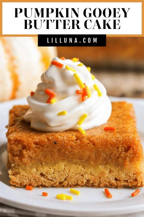 This two layer Pumpkin Gooey Butter Cake is moist, DELICIOUS, and perfect for any fall festivity! The dessert consists of a buttery cake-like bottom layer, plus a creamy layer of pumpkin puree, cream cheese, cinnamon, nutmeg, and powdered sugar. Top it off with whipped cream, and you have yourself a tasty fall treat! #pumpkingooeybuttercake #pumpkincake #gooeybuttercake #buttercake #pumpkin Ooy Gooy Butter Cake, Gooey Pumpkin Butter Cake, Pumpkin Butter Cake, Pumkin Cake, Pumpkin Gooey Butter Cake, Pumpkin Pasta Bake, Pumpkin Spice Waffles, Ooey Gooey Butter Cake, Pumpkin Puree Recipes