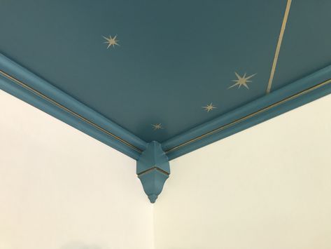 Blue, gold, turquoise, teal, stars, ceiling, crown molding, Star Ceiling Hallway, Painted Star Ceiling Bedroom, Gold Crown Molding Ceilings, Gold Leaf Star Ceiling, Crown Molding Wallpaper, Blue Ceiling Gold Stars, Blue Star Ceiling, Celestial Forest Aesthetic, Gold Star Ceiling