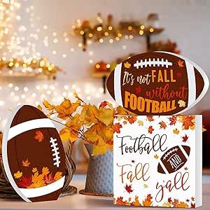 These rustic, football-themed decorations are perfect for your autumn home decor. Each set includes 3 pieces in different styles, featuring colorful maple leaves, footballs, and cheerful fall messages. Crafted from high-quality wood, these pieces are sturdy and well-printed, ensuring long-lasting use. Use them to enhance the festive atmosphere at home, the office, parties, and more. Celebrate football day and the joy of autumn with these charming additions to your decor. Classic Centerpieces, Fall Indoor Decor, Shelf Classic, Fall Decorations Indoor, Camping Week, Thanksgiving Tabletop Decor, Fall And Football, Autumn Aura, Harvest Dining Table