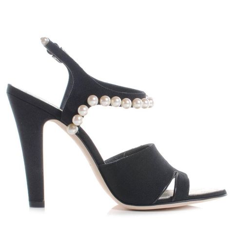 Chanel 2014, Strap Sandals Heels, Black Satin Heels, Chanel Pearl, Stylish Heels, Chanel Pearls, Ankle Strap Sandals Heels, Prom Heels, Black Strappy Heels