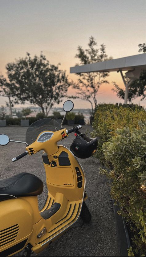 Yellow Vespa Aesthetic, Yellow Motorcycle Aesthetic, Vespa Scooters Aesthetic, Vision Board Yellow, Greek Culture Aesthetic, Vespa Aesthetic, Yellow Vespa, Vespa Motorcycle, Greek Town